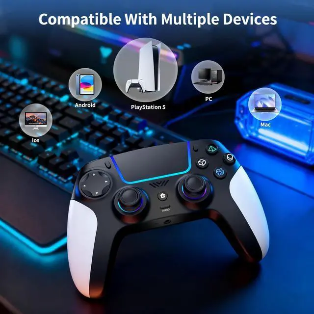 Alt view image 4 of 7 - Wireless Controller for PS5 with RGB LED,TURBO, Dual Vibration, 6 Axis Gyro Sensor, Touchpad, Ergonomic for Playstation 5 Controller, Compatible with PlayStation 5/PC/Mac, Anti-Slip Black and White