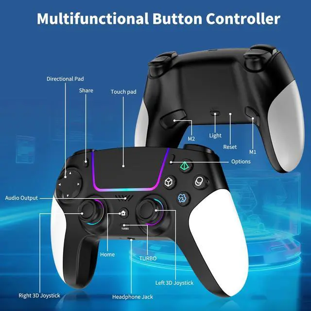 Alt view image 7 of 7 - Wireless Controller for PS5 with RGB LED,TURBO, Dual Vibration, 6 Axis Gyro Sensor, Touchpad, Ergonomic for Playstation 5 Controller, Compatible with PlayStation 5/PC/Mac, Anti-Slip Black and White