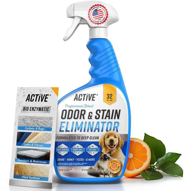 Main image of Pet Odor and Stain Eliminator - 32 oz Enzyme Cleaner for Dog & Cat Urine, Stain Remover Spray for Carpet, Upholstery, Hardwood, Spot Cleaning, Deodorizer for Dogs Cats Pets - Natural Citrus Oil