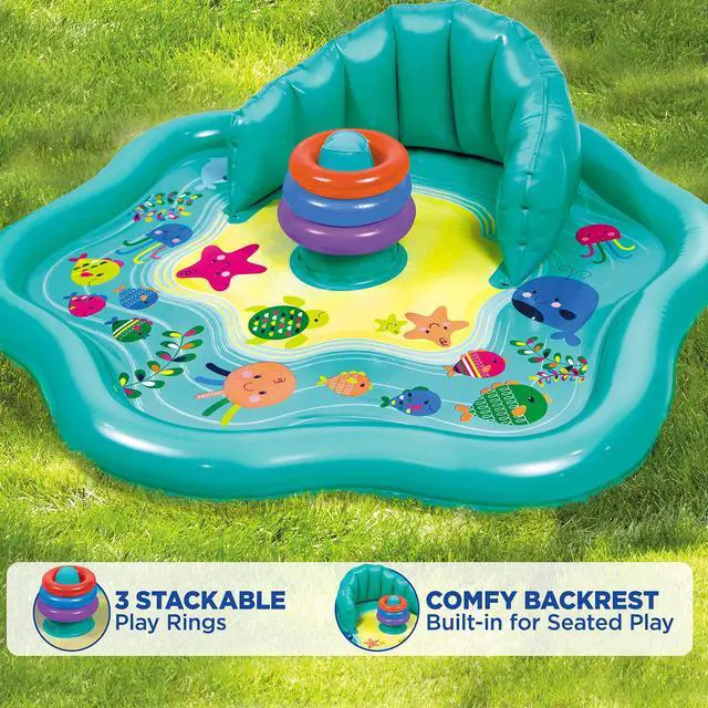 Alt view image 2 of 6 - Baby Splash Play Mat with Adjustable Canopy Inflatable Play Pool for Babies & Infants with Backrest Includes Baby Water Toy Rings