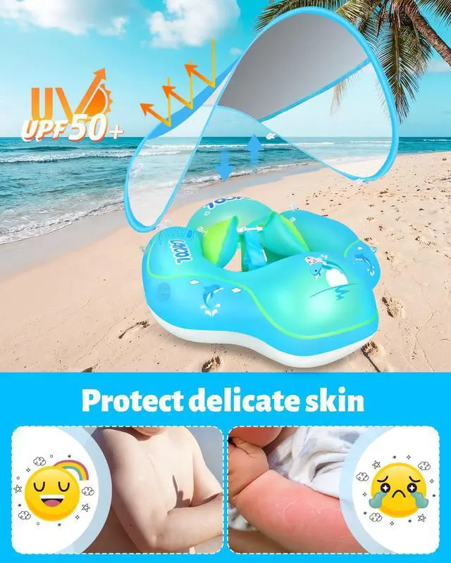 Alt view image 2 of 7 - Baby Pool Float with Canopy UPF50+, 5 Point Safety Buckle No Flip Over, Inflatable Toddler Floaties Infant Pool Floats with Double Air Chambers, Baby Beach Essentials/Traval for 3-36M Blue L