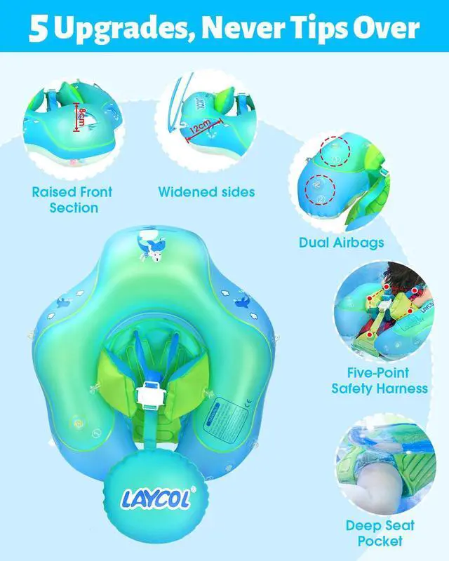 Alt view image 4 of 7 - Baby Pool Float with Canopy UPF50+, 5 Point Safety Buckle No Flip Over, Inflatable Toddler Floaties Infant Pool Floats with Double Air Chambers, Baby Beach Essentials/Traval for 3-36M Blue L