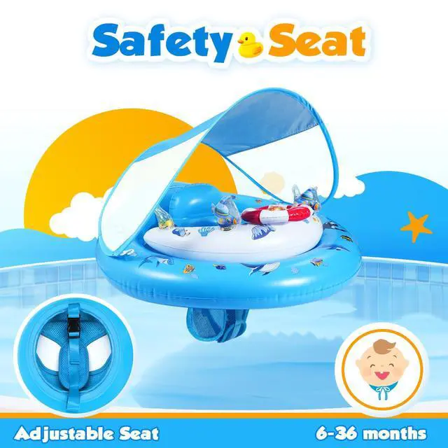 Alt view image 2 of 6 - Baby Pool Float with Canopy UPF50+ Sun Protection, Inflatable Kids Pool Floats with Toy Play Console for Baby 6-36 Months, Infant Swimming Float with Adjustable Safety Seat for Boys Girls