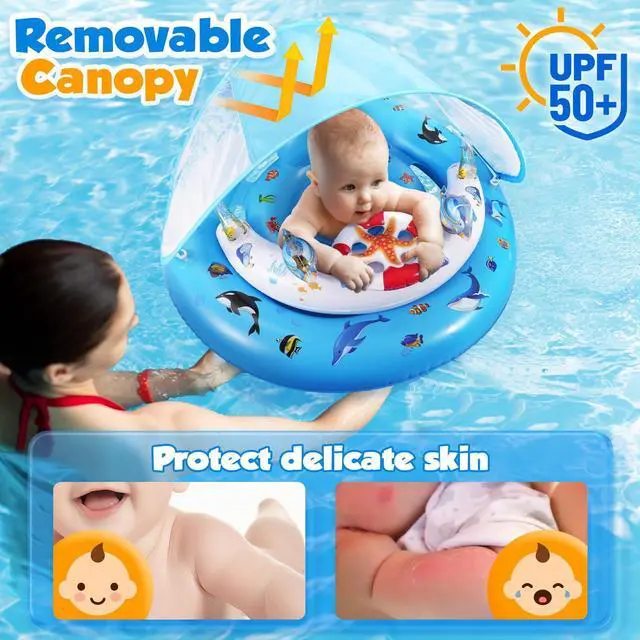 Alt view image 3 of 6 - Baby Pool Float with Canopy UPF50+ Sun Protection, Inflatable Kids Pool Floats with Toy Play Console for Baby 6-36 Months, Infant Swimming Float with Adjustable Safety Seat for Boys Girls