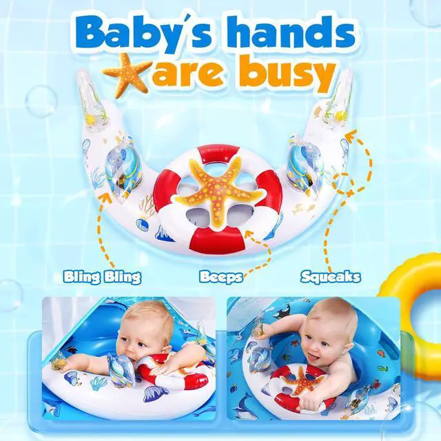 Alt view image 4 of 6 - Baby Pool Float with Canopy UPF50+ Sun Protection, Inflatable Kids Pool Floats with Toy Play Console for Baby 6-36 Months, Infant Swimming Float with Adjustable Safety Seat for Boys Girls