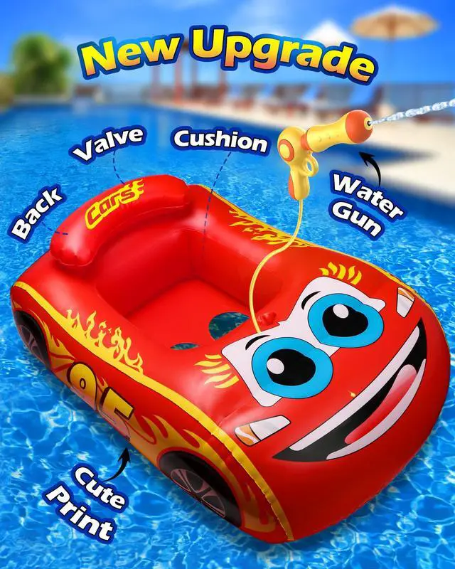 Alt view image 3 of 7 - Kids Pool Float with Water Gun - Inflatable Ride-on Swimming Toy for Boys Aged 3-8, Summer Fun (Red)