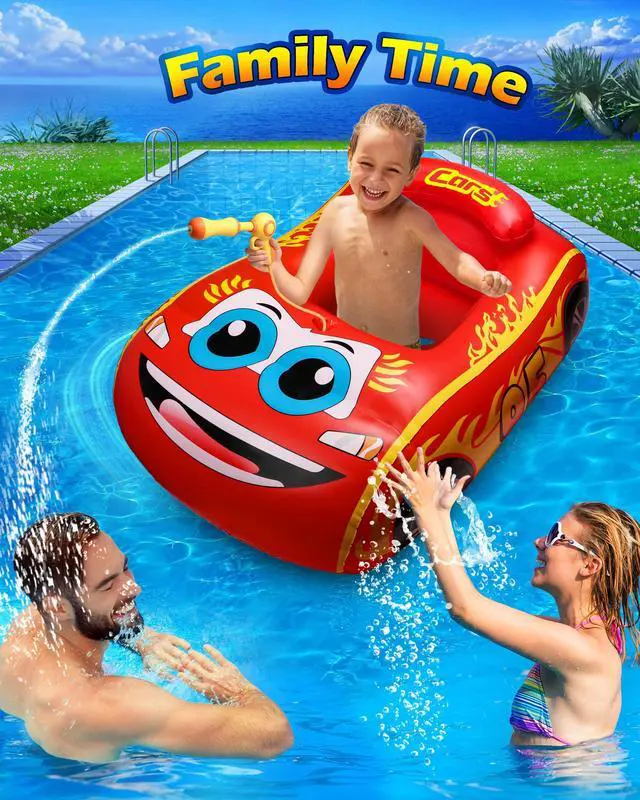 Alt view image 5 of 7 - Kids Pool Float with Water Gun - Inflatable Ride-on Swimming Toy for Boys Aged 3-8, Summer Fun (Red)