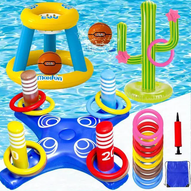 Main image of Pool Toys Games Set, Inflatable Cross Ring Toss Games, Floating Pool Basketball Hoop, Inflatable Cactus Pool Floats for Kids Teens Adults Swimming Water Toys (3-Piece Set)