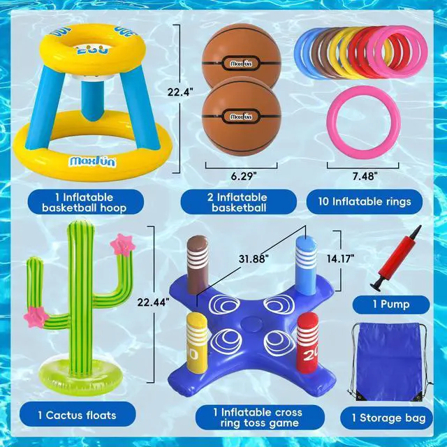 Alt view image 2 of 7 - Pool Toys Games Set, Inflatable Cross Ring Toss Games, Floating Pool Basketball Hoop, Inflatable Cactus Pool Floats for Kids Teens Adults Swimming Water Toys (3-Piece Set)