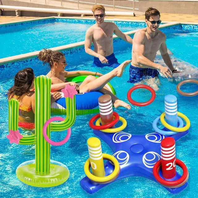 Alt view image 4 of 7 - Pool Toys Games Set, Inflatable Cross Ring Toss Games, Floating Pool Basketball Hoop, Inflatable Cactus Pool Floats for Kids Teens Adults Swimming Water Toys (3-Piece Set)