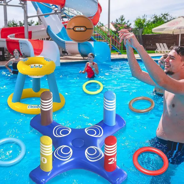 Alt view image 5 of 7 - Pool Toys Games Set, Inflatable Cross Ring Toss Games, Floating Pool Basketball Hoop, Inflatable Cactus Pool Floats for Kids Teens Adults Swimming Water Toys (3-Piece Set)