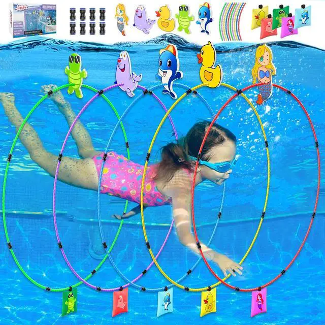 Main image of Diving Toys 15 PCS Pool Toys for Kids Age 4-8 8-12 Water Swim Thru Rings with Buoys and Sandbags Underwater Training Program Swimming Pool Games Water Sports Gifts