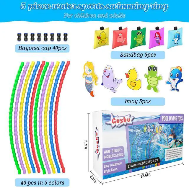Alt view image 2 of 7 - Diving Toys 15 PCS Pool Toys for Kids Age 4-8 8-12 Water Swim Thru Rings with Buoys and Sandbags Underwater Training Program Swimming Pool Games Water Sports Gifts