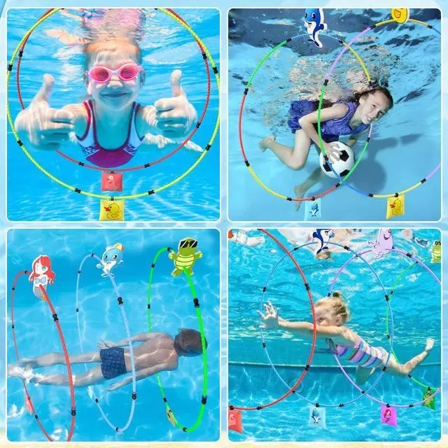 Alt view image 5 of 7 - Diving Toys 15 PCS Pool Toys for Kids Age 4-8 8-12 Water Swim Thru Rings with Buoys and Sandbags Underwater Training Program Swimming Pool Games Water Sports Gifts