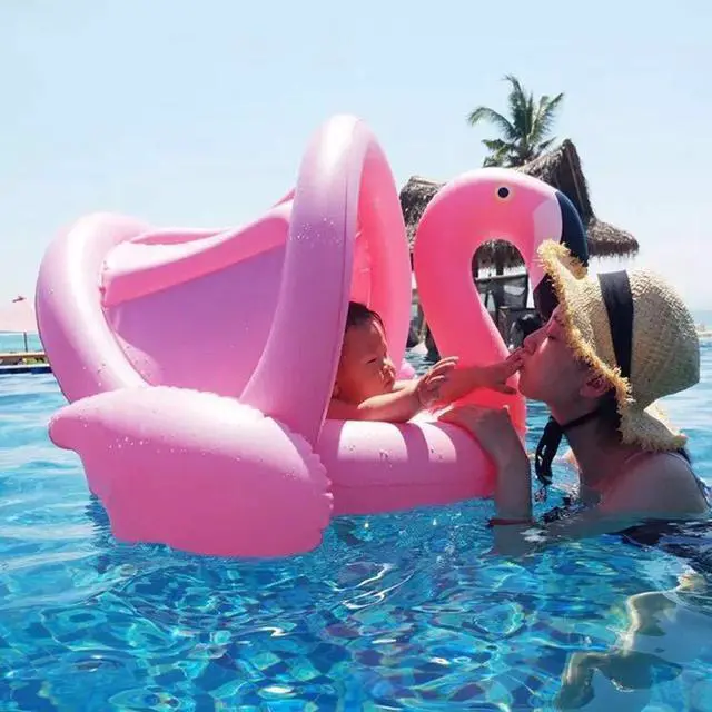 Alt view image 2 of 7 - Baby Pool Float with Canopy,Flamingo Inflatable Swimming Ring,Infant Pool Floaties Sunshade Toys for Baby Girls Boys Toddlers Pink