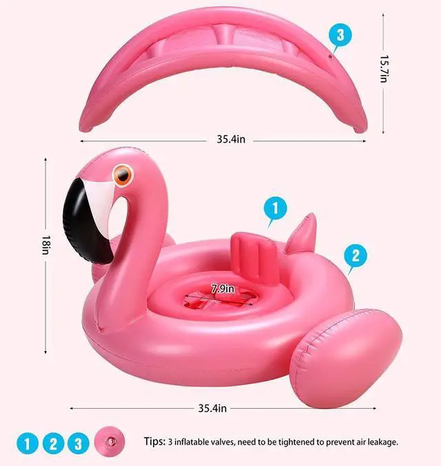 Alt view image 6 of 7 - Baby Pool Float with Canopy,Flamingo Inflatable Swimming Ring,Infant Pool Floaties Sunshade Toys for Baby Girls Boys Toddlers Pink