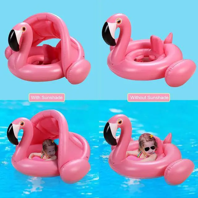 Alt view image 7 of 7 - Baby Pool Float with Canopy,Flamingo Inflatable Swimming Ring,Infant Pool Floaties Sunshade Toys for Baby Girls Boys Toddlers Pink