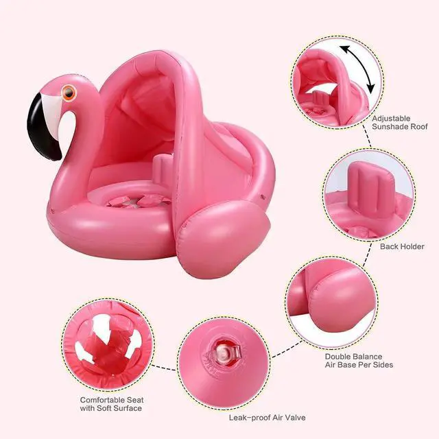 Alt view image 5 of 7 - Baby Pool Float with Canopy,Flamingo Inflatable Swimming Ring,Infant Pool Floaties Sunshade Toys for Baby Girls Boys Toddlers Pink