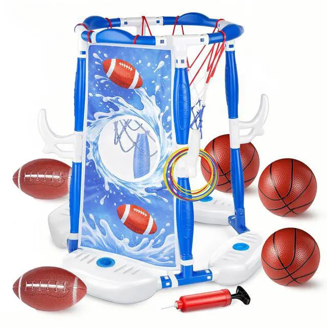 Main image of Pool Basketball Hoop, 3-in-1 Floating Poolside Basketball Ring Game Football for Kids Ages 3-12, Outdoor Summer Swimming Pool Party Water Toy for Family Adults Boys Grils Birthday Gift (Blue)