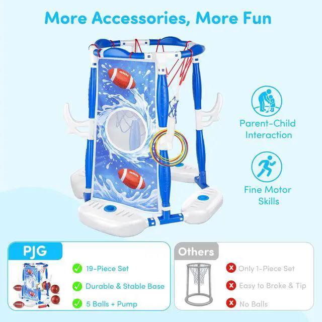 Alt view image 2 of 7 - Pool Basketball Hoop, 3-in-1 Floating Poolside Basketball Ring Game Football for Kids Ages 3-12, Outdoor Summer Swimming Pool Party Water Toy for Family Adults Boys Grils Birthday Gift (Blue)