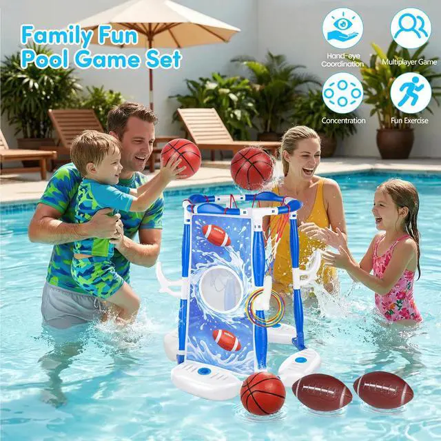 Alt view image 4 of 7 - Pool Basketball Hoop, 3-in-1 Floating Poolside Basketball Ring Game Football for Kids Ages 3-12, Outdoor Summer Swimming Pool Party Water Toy for Family Adults Boys Grils Birthday Gift (Blue)