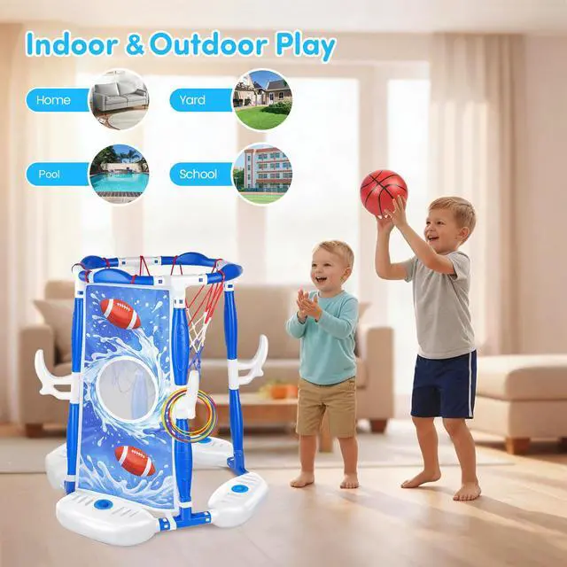 Alt view image 5 of 7 - Pool Basketball Hoop, 3-in-1 Floating Poolside Basketball Ring Game Football for Kids Ages 3-12, Outdoor Summer Swimming Pool Party Water Toy for Family Adults Boys Grils Birthday Gift (Blue)
