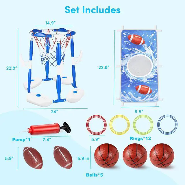 Alt view image 6 of 7 - Pool Basketball Hoop, 3-in-1 Floating Poolside Basketball Ring Game Football for Kids Ages 3-12, Outdoor Summer Swimming Pool Party Water Toy for Family Adults Boys Grils Birthday Gift (Blue)