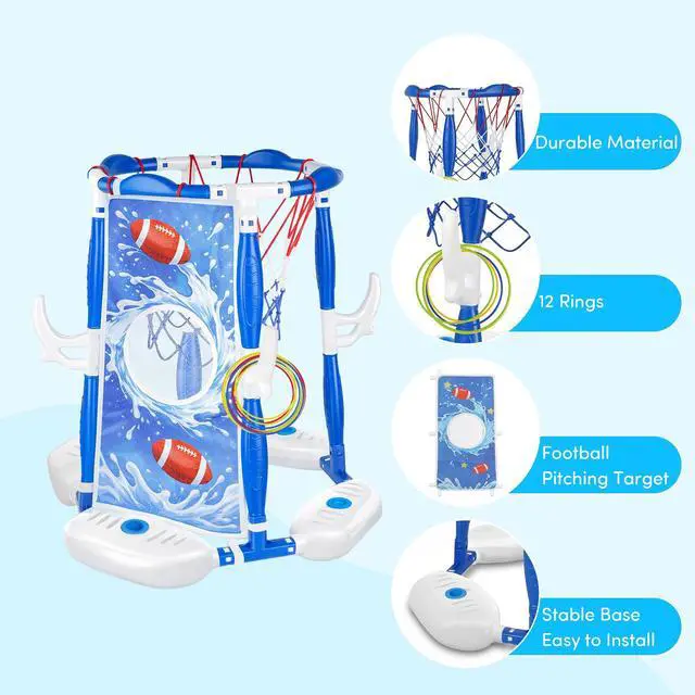 Alt view image 3 of 7 - Pool Basketball Hoop, 3-in-1 Floating Poolside Basketball Ring Game Football for Kids Ages 3-12, Outdoor Summer Swimming Pool Party Water Toy for Family Adults Boys Grils Birthday Gift (Blue)