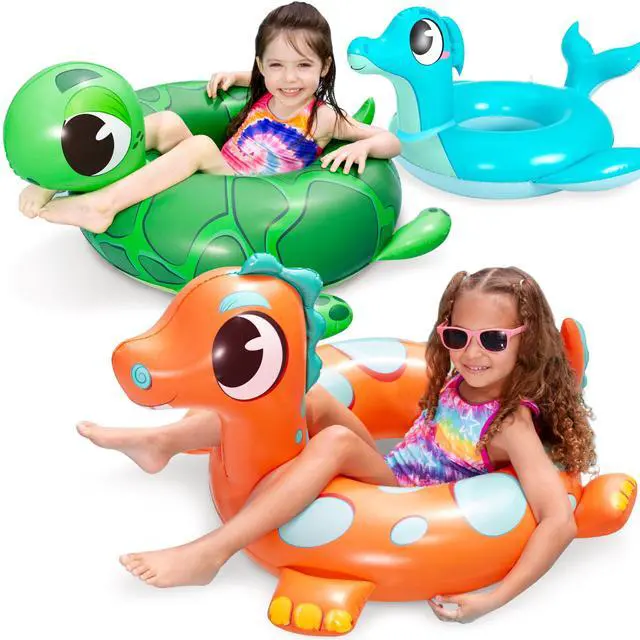 Main image of 3-Pack Inflatable Pool Tubes Floats - Dinosaur & Sea Turtle & Dolphin Swimming Rings for Kids Toddler, Pool Beach Water Float Party in Summer Decorations 32"