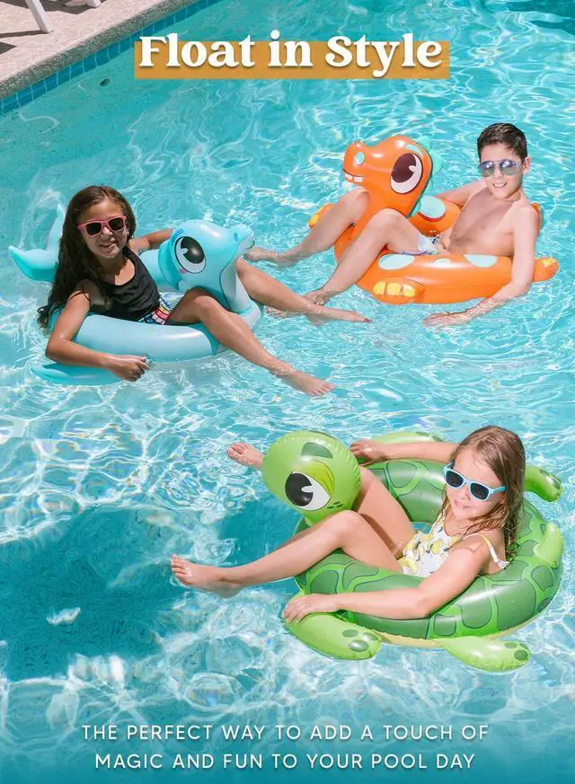 Alt view image 2 of 7 - 3-Pack Inflatable Pool Tubes Floats - Dinosaur & Sea Turtle & Dolphin Swimming Rings for Kids Toddler, Pool Beach Water Float Party in Summer Decorations 32"