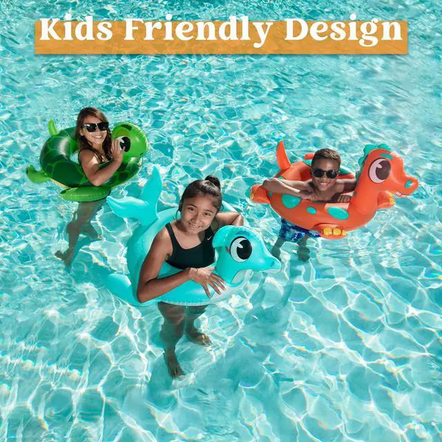 Alt view image 7 of 7 - 3-Pack Inflatable Pool Tubes Floats - Dinosaur & Sea Turtle & Dolphin Swimming Rings for Kids Toddler, Pool Beach Water Float Party in Summer Decorations 32"