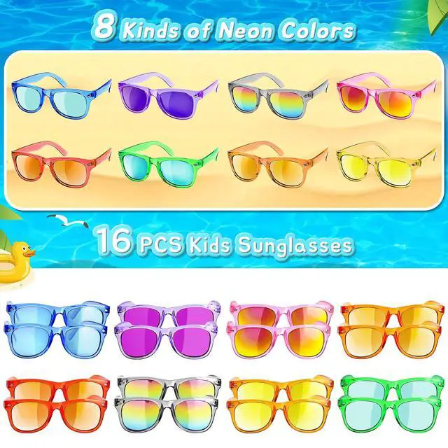 Alt view image 2 of 7 - Kids Sunglasses Party Favors - Boys Girls Valentines Day Gifts, Neon Sunglasses with UV 400 Protection for Kids Classroom Favors Birthday Goodie Bags Stuffers - 16 Packs