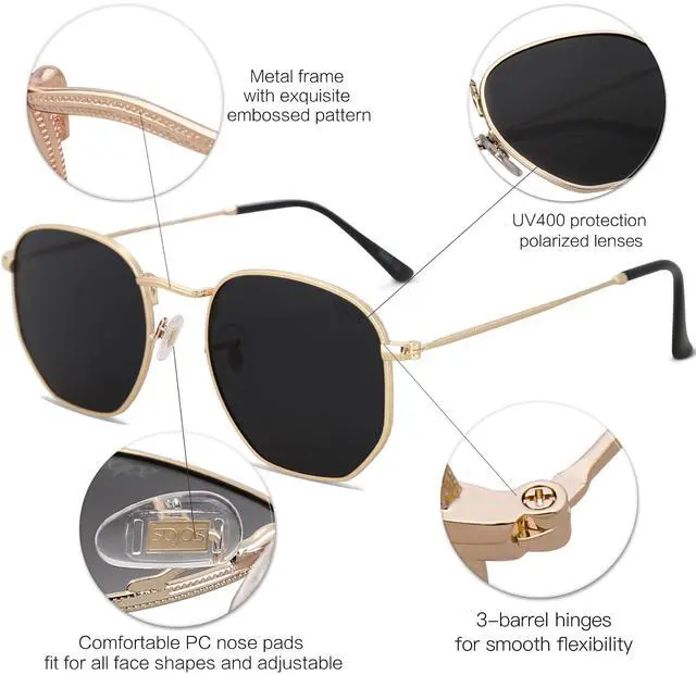 Alt view image 4 of 5 - Small Square Polarized Sunglasses for Men and Women Polygon Mirrored Lens SJ1072 Gold Frame/Grey Lens