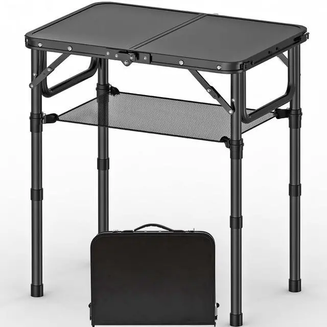 Main image of Folding Picnic Table with Storage Net, Matte Black Aluminum Folding Table 23.6" x 15.8", Adjustable Height Max 27.5", Lightweight Portable for Camping Travel Grill Indoor