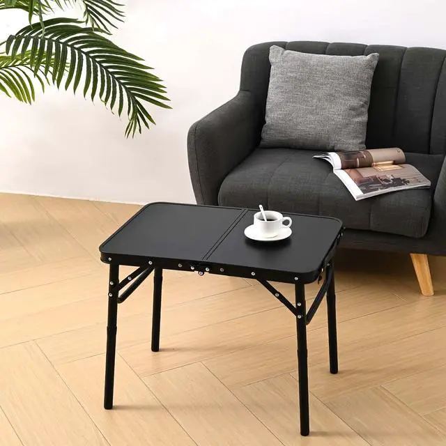 Alt view image 2 of 7 - Folding Picnic Table with Storage Net, Matte Black Aluminum Folding Table 23.6" x 15.8", Adjustable Height Max 27.5", Lightweight Portable for Camping Travel Grill Indoor