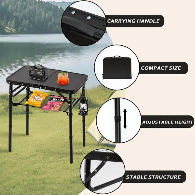 Alt view image 3 of 7 - Folding Picnic Table with Storage Net, Matte Black Aluminum Folding Table 23.6" x 15.8", Adjustable Height Max 27.5", Lightweight Portable for Camping Travel Grill Indoor