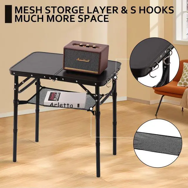 Alt view image 4 of 7 - Folding Picnic Table with Storage Net, Matte Black Aluminum Folding Table 23.6" x 15.8", Adjustable Height Max 27.5", Lightweight Portable for Camping Travel Grill Indoor