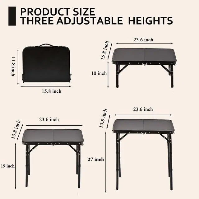 Alt view image 5 of 7 - Folding Picnic Table with Storage Net, Matte Black Aluminum Folding Table 23.6" x 15.8", Adjustable Height Max 27.5", Lightweight Portable for Camping Travel Grill Indoor