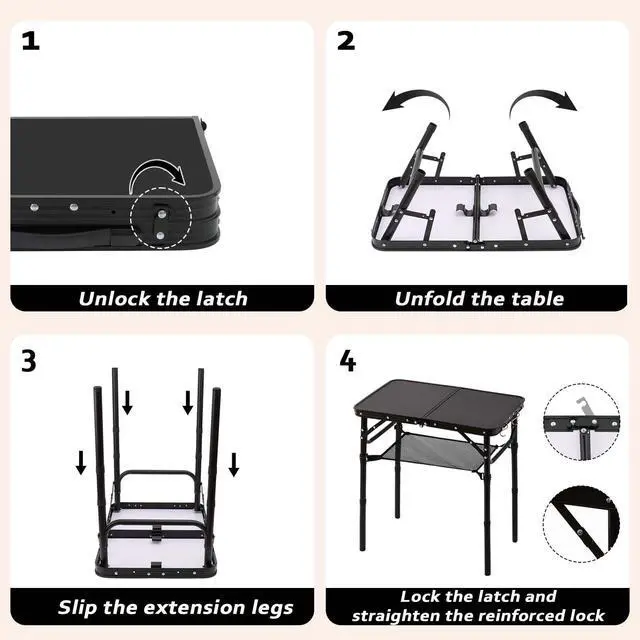 Alt view image 6 of 7 - Folding Picnic Table with Storage Net, Matte Black Aluminum Folding Table 23.6" x 15.8", Adjustable Height Max 27.5", Lightweight Portable for Camping Travel Grill Indoor