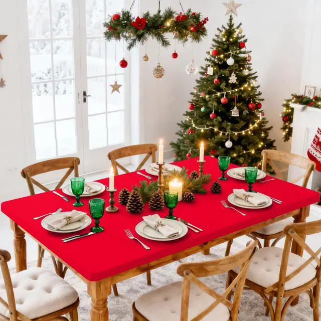 Alt view image 7 of 7 - Rectangle Tablecloth, Elastic Fitted Flannel Backed Vinyl Tablecloths for 6ft Folding Tables, Waterproof Wipeable Table Covers for Indoor, Outdoor, Picnic and Camping (Red, 30"x72")