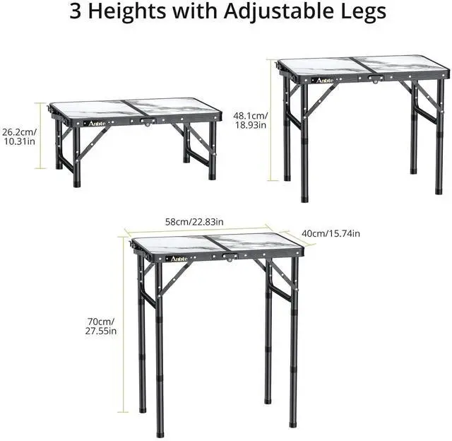 Alt view image 2 of 7 - Folding Camping Table with Storage Net, 3 Adjustable Height Max 27.5" Aluminum Small Folding Table, Portable Table with Carry Handle, Lightweight, for Outdoor Indoor Travel Camping Picnic