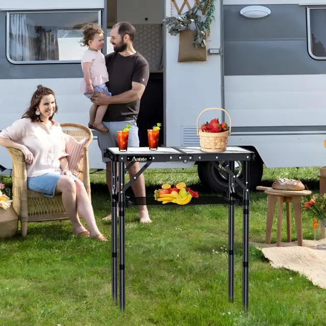 Alt view image 4 of 7 - Folding Camping Table with Storage Net, 3 Adjustable Height Max 27.5" Aluminum Small Folding Table, Portable Table with Carry Handle, Lightweight, for Outdoor Indoor Travel Camping Picnic