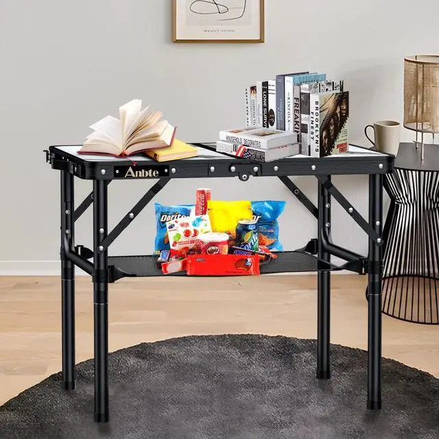 Alt view image 7 of 7 - Folding Camping Table with Storage Net, 3 Adjustable Height Max 27.5" Aluminum Small Folding Table, Portable Table with Carry Handle, Lightweight, for Outdoor Indoor Travel Camping Picnic