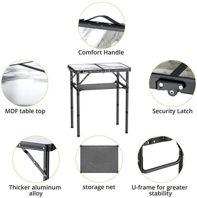 Alt view image 5 of 7 - Folding Camping Table with Storage Net, 3 Adjustable Height Max 27.5" Aluminum Small Folding Table, Portable Table with Carry Handle, Lightweight, for Outdoor Indoor Travel Camping Picnic