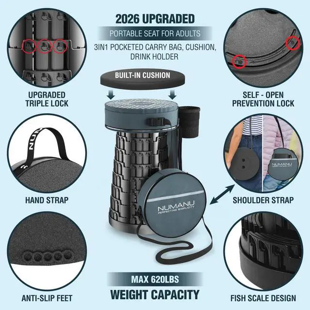 Alt view image 2 of 7 - 2026 Upgraded Collapsible Stool & 3IN1 Cushioned Carry Bag, 2.5"-18" Height Adjustable Max 620lbs, Portable Retractable Telescoping Seat, Foldable Camping Stool or Footrest for Adults (Round)