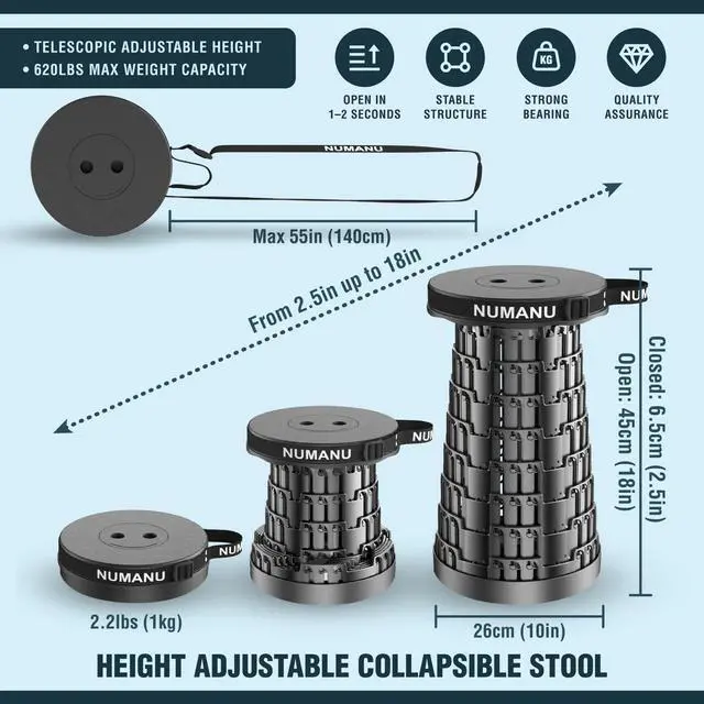 Alt view image 4 of 7 - 2026 Upgraded Collapsible Stool & 3IN1 Cushioned Carry Bag, 2.5"-18" Height Adjustable Max 620lbs, Portable Retractable Telescoping Seat, Foldable Camping Stool or Footrest for Adults (Round)