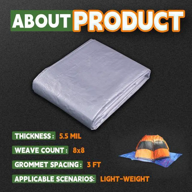 Alt view image 7 of 7 - Tarps 6x8 Feet - 5.5 Mil, Multipurpose Waterproof Poly Tarp Cover with Metal Grommets and Reinforced Edges, Silver/Blue Tarp