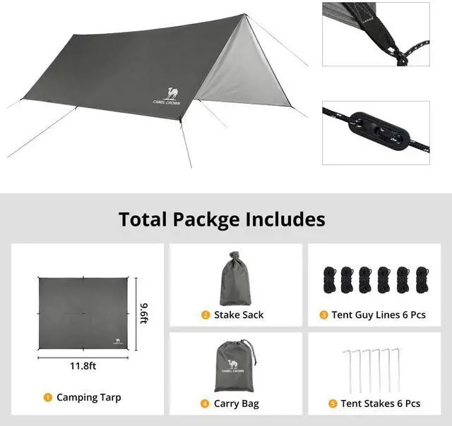 Alt view image 6 of 7 - Camping Tarp,3000mm Waterproof & UPF 50+ Sun Protection Rain Fly Tarp - Lightweight Portable Camping Shelter with Stakes, Guy Lines & Carry Bag, for Hiking Backpacking Beach Picnic Shade