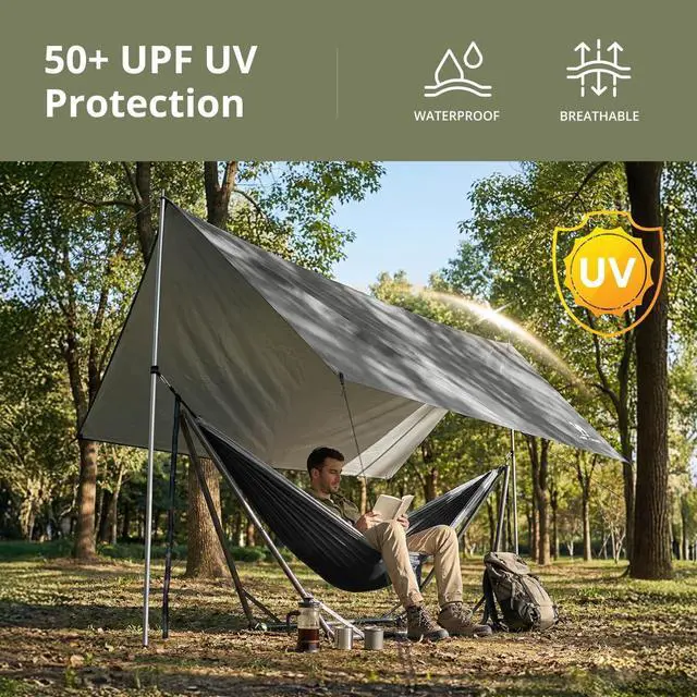 Alt view image 7 of 7 - Camping Tarp,3000mm Waterproof & UPF 50+ Sun Protection Rain Fly Tarp - Lightweight Portable Camping Shelter with Stakes, Guy Lines & Carry Bag, for Hiking Backpacking Beach Picnic Shade