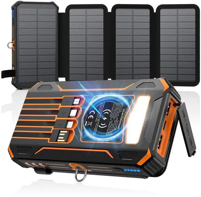 Main image of Solar Charger Power Bank - 48000mAh Wireless Portable Charger Built-in 4 Cables and 4 Solar Panels, PD QC 3.0 Fast Charging USB C Battery Pack with Flashlight for Camping Travel